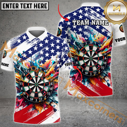 Maxcorners Darts US Flag Paint Colorful Customized Name, Team Name 3D Polo Shirt