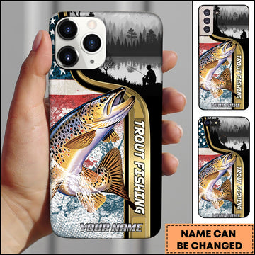 Maxcorners Trout Fishing American Flag Lake Scene Personalized Name 3D Phone Case