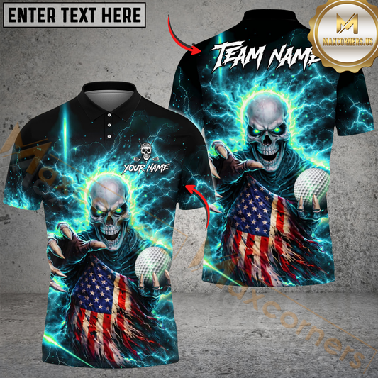 Maxcorners Golf Lightning US Flag Skull Design Personalized Name, Team Name 3D Shirt (4 Colors)