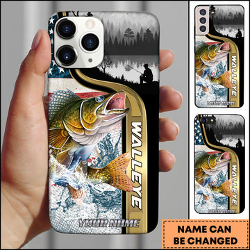 Maxcorners Walleye Fishing American Flag Lake Scene Personalized Name 3D Phone Case