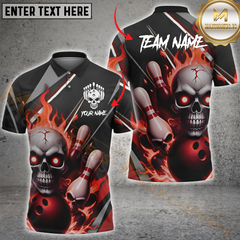 Maxcorners Bowling Skull Flame Multicolor Customized Name, Team Name 3D Polo Shirt
