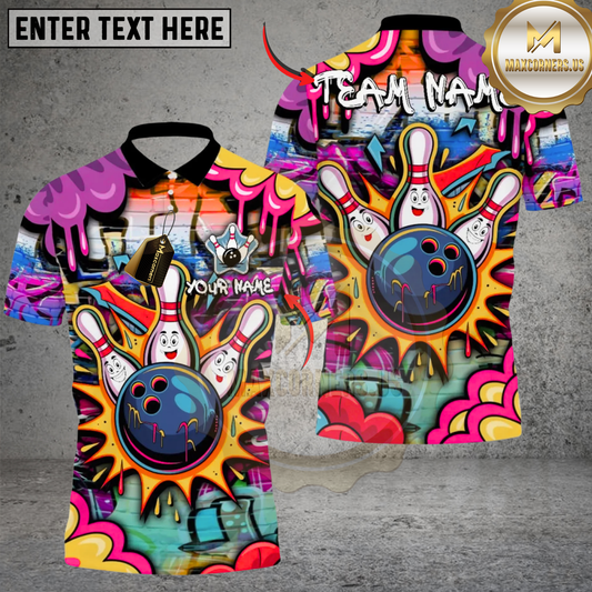 Maxcorners Street Graffiti Bowling Polo Custom Name Team Strike Shirt