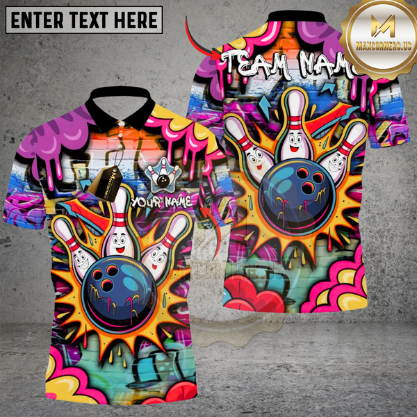 Maxcorners Street Graffiti Bowling Polo Custom Name Team Strike Shirt