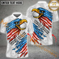 Maxcorners Golf American Flag Eagle Ball Fire Pattern Customized Name, Team Name 3D Polo Shirt