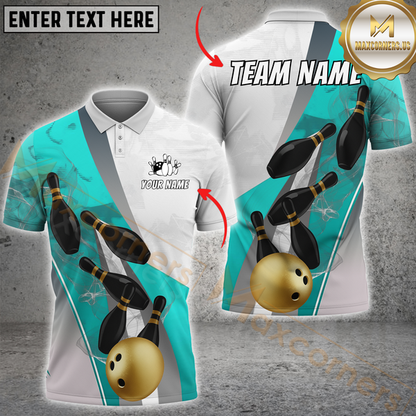 Maxcorners Elegant Bowling Strike Multicolor Personalized 3D Shirt, Gold Ball & Black Pins Design Shirts