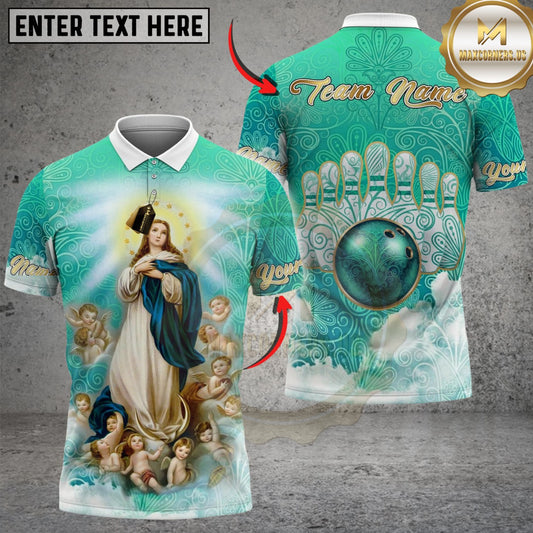 Maxcorners Bowling And Pins Celestial Mother Mary Our Lady of Victory Customized Name, Team Name 3D Shirt (4 Colors)
