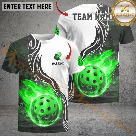 Maxcorners Flaming Pickleball Fireball Custom Name & Team 3D Shirt (4 Colors)