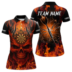 Maxcorners Orange Flaming Skull Men's Dart Jerseys Custom Dart Fire Lightning Darts Team Shirt Polo & 1/4 Zip LM064