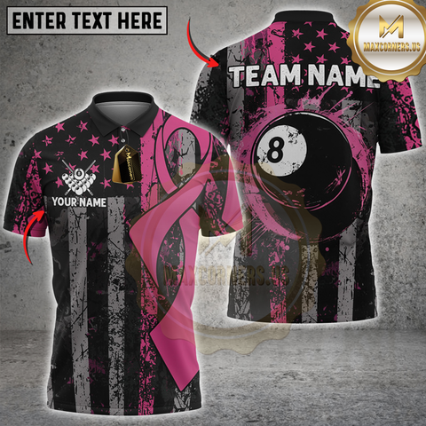 Maxcorners Billiards Pink Ribbon with 8-Ball and Flag Personalized Name 3D Unisex Shirt