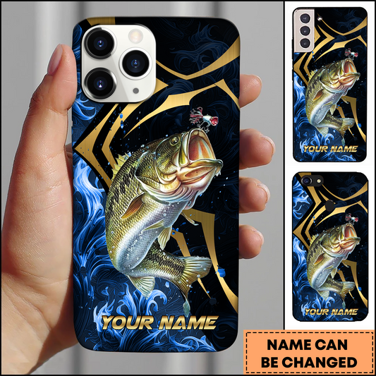 Maxcorners Largemouth Bass Fishing Blue Wave Gold Line Personalized Name 3D Phone Case