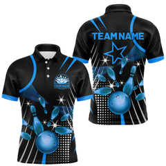 Maxcorners Black and Blue Mens Bowling Polo, Quarter Zip Shirts Custom Bowling outfit men Team Jerseys LM1605