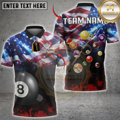 Maxcorners Billiards USA Flag with 8-Ball and Full Color Rack Personalized Name 3D Unisex Shirt