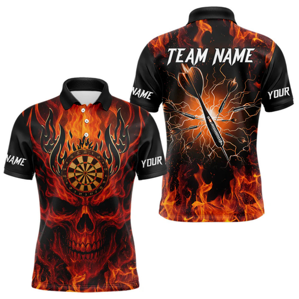 Maxcorners Orange Flaming Skull Men's Dart Jerseys Custom Dart Fire Lightning Darts Team Shirt Polo & 1/4 Zip LM064