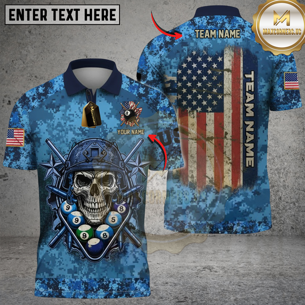 Maxcorners Billiard Skull US FLag Multicolor Customized Name, Team Name 3D Shirts