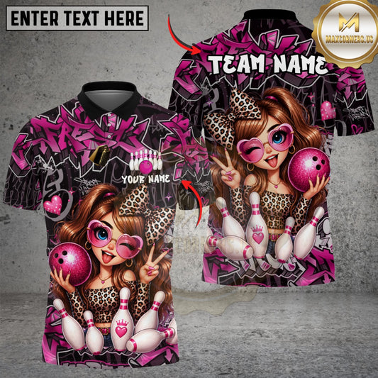 Maxcorners Bowling Leopard Girl Pink Ball Strike Graffiti Style Multicolor Customized Name, Team Name 3D Shirt