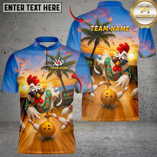 Maxcorners Bowling Funny Tropical Hawaiian Rooster Strike Customized Name, Team Name 3D Shirt