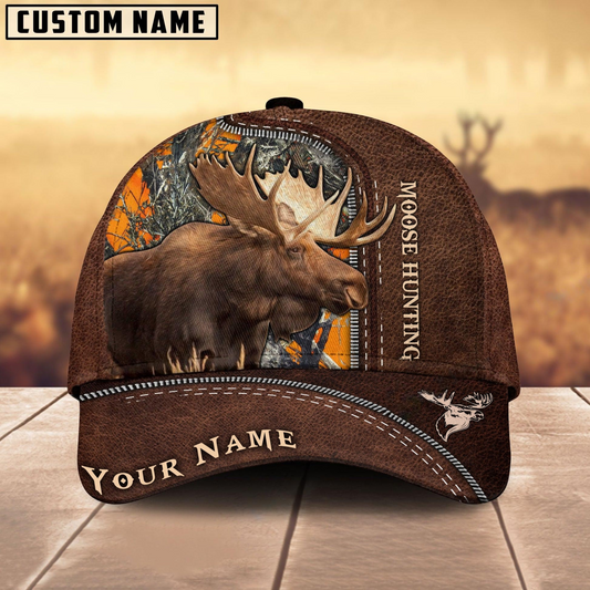 Maxcorners Moose Hunting Brown Leather Pattern Mutilcolored Personalized Name 3D Cap