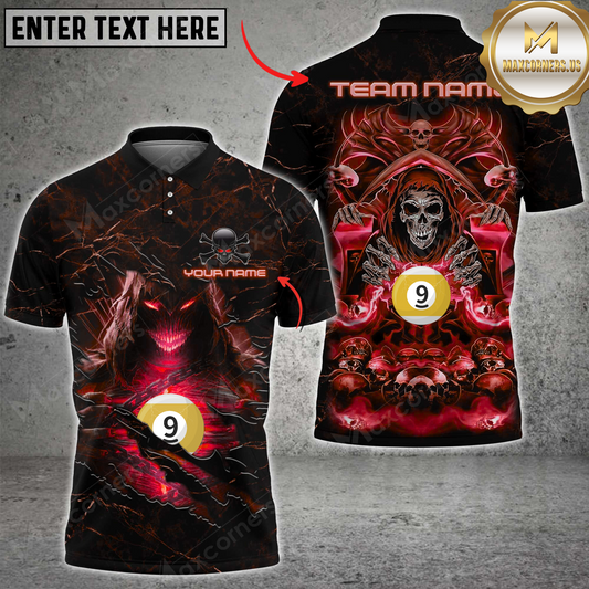 Maxcorners Ball 9 Fire Reaper Epic Art Billiard Jersey Multicolor Options Personalized Name, Team Name 3D Polo Shirt (4 Colors)