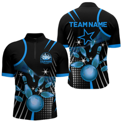 Maxcorners Black and Blue Mens Bowling Polo, Quarter Zip Shirts Custom Bowling outfit men Team Jerseys LM1605