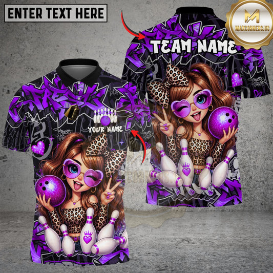 Maxcorners Bowling Leopard Girl Pink Ball Strike Graffiti Style Multicolor Customized Name, Team Name 3D Shirt