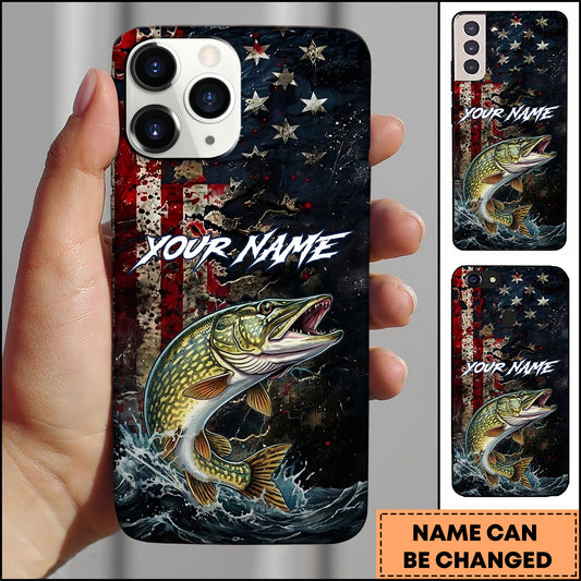 Maxcorners Pike Fishing Phone Case  Vintage USA Flag Grunge Wave Art Personalized Name Phone Case