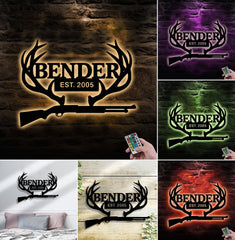 Maxcorners Personalized Metal Sign WITH LED/WITHOUT LED – Deer Antler Hunting Wall Decor with Rifle – Custom Rustic Cabin Sign for Hunters LM0110