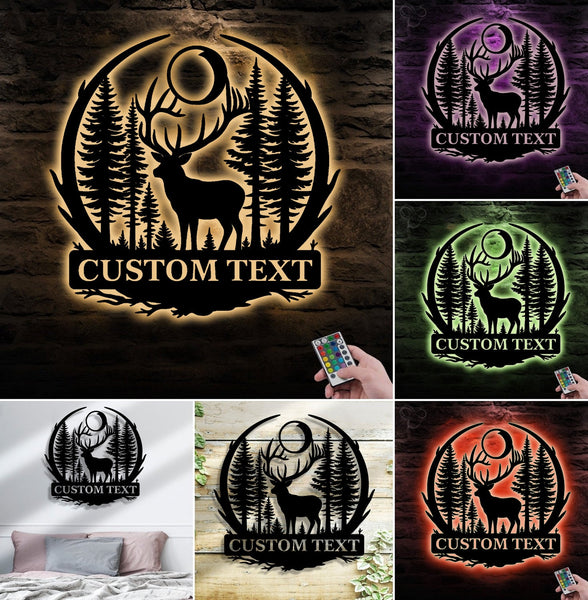 Maxcorners Personalized Metal Sign WITH LED/WITHOUT LED – Deer and Forest Silhouette Wall Art – Custom Rustic Cabin and Lodge Hunting Decor LM0110