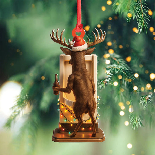 Maxcorners Personalized Acrylic Deer Christmas Ornament – Funny Buck with Santa Hat Drinking Beer by Urinal Holiday Decor LM0411