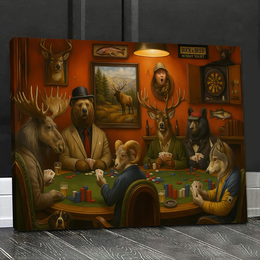 Maxcorners Animals Playing Poker Canvas Wall Art, Woodland Lodge Game Room Decor, Moose Bear Deer Wolf Card Night Poster