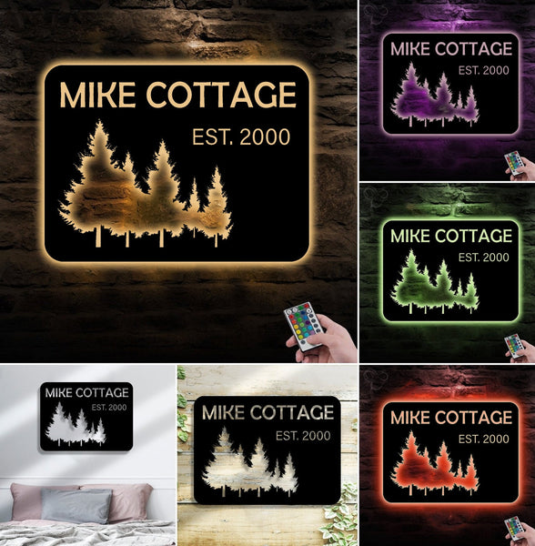 Maxcorners Personalized Forest Metal Sign WITH LED/WITHOUT LED - Rustic Cabin Name Sign With Pine Trees, Wall Art for Lodge & Home LM0110