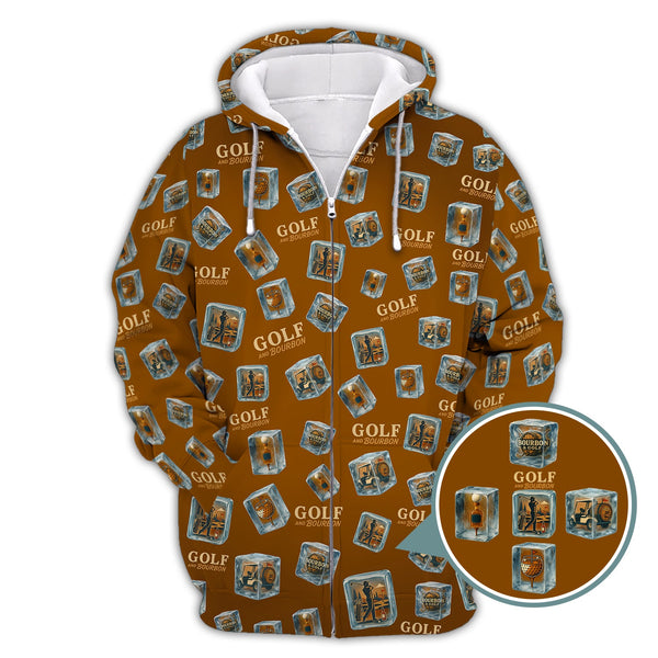 Maxcorners Funny Golf And Bourbon Polos, Brown Golf Shirt with Whiskey Ice Cube For Men, Pattern Crazy Golf Shirts For Golfers