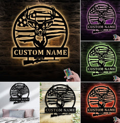 Maxcorners Personalized Deer Hunting Metal Sign WITH LED/WITHOUT LED, Rustic Buck Wall Art with American Flag, Cabin & Lodge Decor for Hunters LM0110
