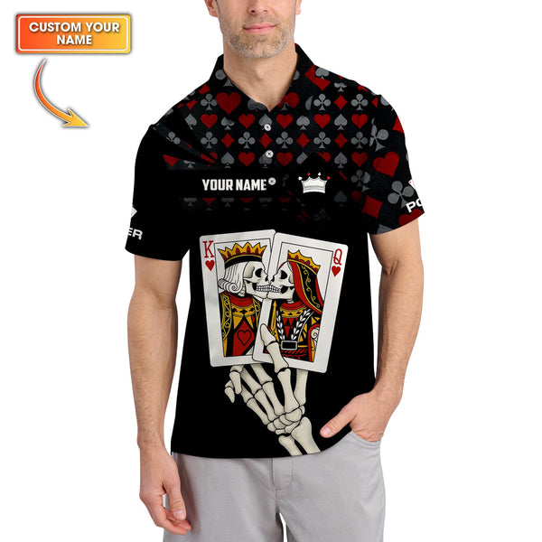 Custom Funny Skeleton Poker Shirt, King & Queen Playing Card Polos, Gifts For Poker Players