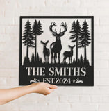 Maxcorners Personalized Deer Family Metal Sign WITH LED/WITHOUT LED, Rustic Cabin Wall Decor, Wildlife Hunting Lodge Name Sign LM0110