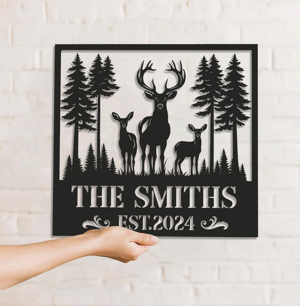Maxcorners Personalized Deer Family Metal Sign WITH LED/WITHOUT LED, Rustic Cabin Wall Decor, Wildlife Hunting Lodge Name Sign LM0110