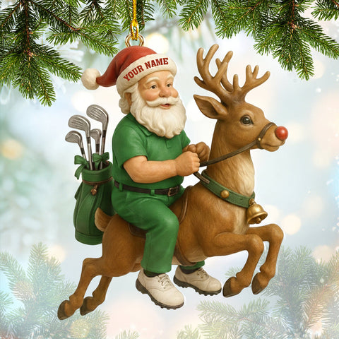 Maxcorners Green Personalized Golf Santa Ornament – Custom Name Christmas Ornament – Funny Golf Xmas Gift for Players, Santa Riding Reindeer Tree Decoration MT1611
