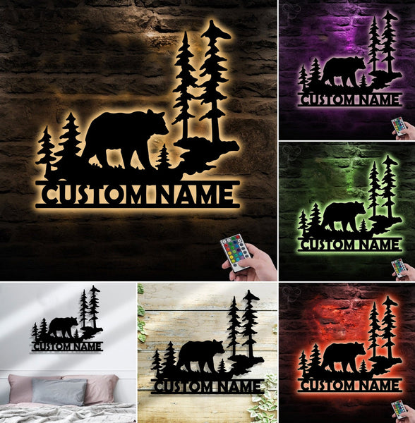 Maxcorners Personalized Bear Metal Sign WITH LED/WITHOUT LED - Rustic Cabin Name Sign, Wildlife Forest Wall Art for Lodge & Outdoor Decor LM0110