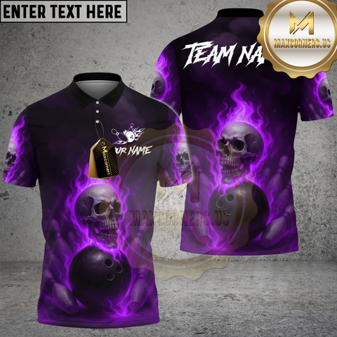 Maxcorners Bowling And Pins Fire Skull Lane Streetwear Customized Name, Team Name 3D Shirt Purple TU0207