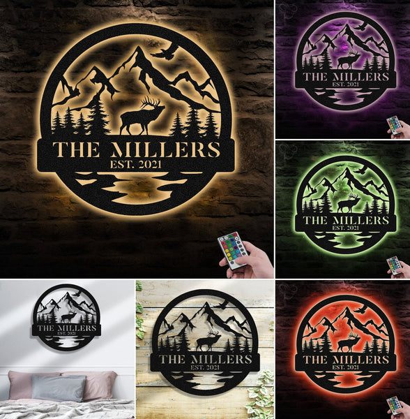 Maxcorners Personalized Mountain Elk Metal Sign WITH LED/WITHOUT LED Light Outdoor Cabin Decor Hunting Lodge Wall Decor LM0110