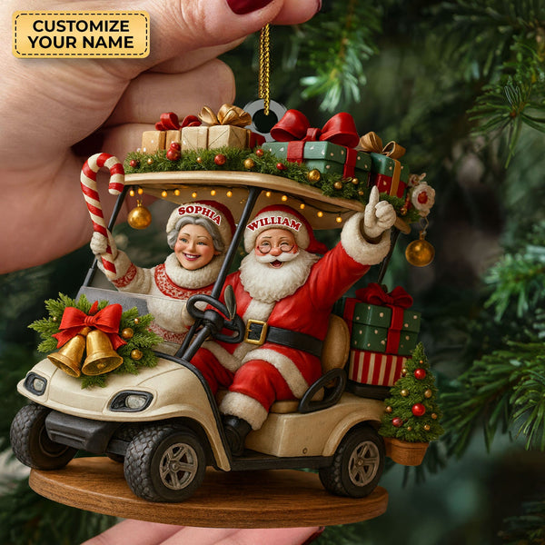 Maxcorners Happy Santa Old Couple On Golf Cart Acrylic Ornaments, Christmas Couple Ornament, Xmas Decorations