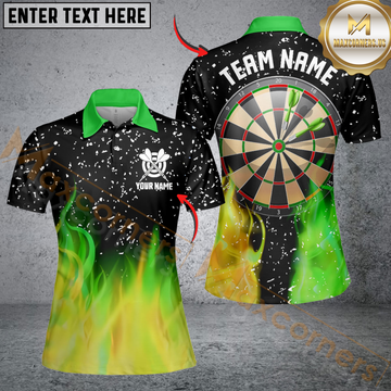 Maxcorners Green And Yellow Fire Dartboard Women Darts Polo Shirts Custom Dart Shirts For Team Dart Jerseys