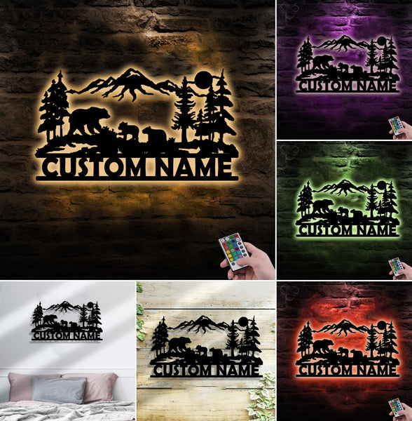 Maxcorners Personalized Bear Family Metal Sign WITH LED/WITHOUT LED - Mountain Cabin Name Sign, Rustic Wildlife Wall Art for Lodge & Outdoor Decor LM0110