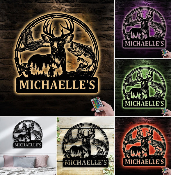 Maxcorners Personalized Hunting Metal Sign WITH LED/WITHOUT LED - Deer, Duck & Fish Wildlife Wall Art, Rustic Cabin Decor for Hunters LM0110