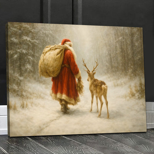 Maxcorners Vintage Santa and Reindeer Canvas Wall Art, Rustic Snowy Forest Christmas Scene, Cozy Farmhouse Winter Holiday Decor