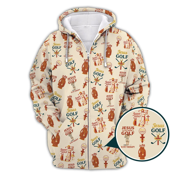 Maxcorners Jesus And Golf Is My Therapy Shirt, Pattern Golf Shirt, Jesus Golf Polos For Men