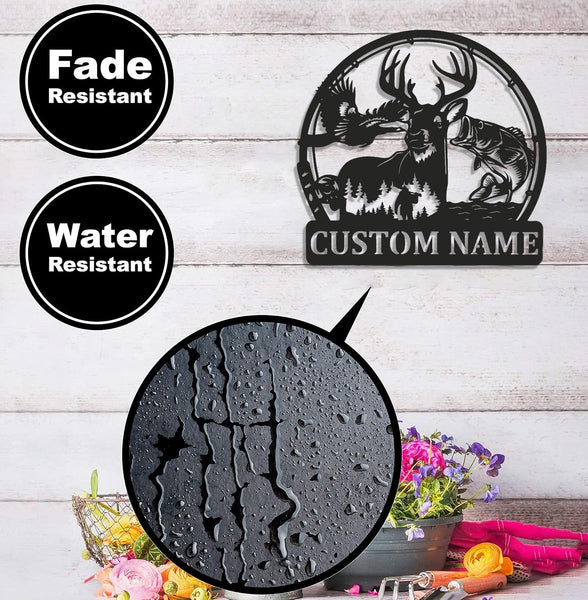 Maxcorners Personalized Deer, Fish & Duck Hunting Metal Sign WITH LED/WITHOUT LED, Rustic Wildlife Wall Decor for Cabin, Lodge, or Mancave LM0110