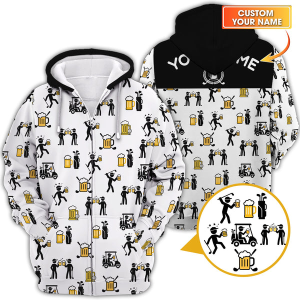 Maxcorners Beer Golf Shirt, Custom Golf Shirt With Funny Drinking & Golf Cart Pattern For Men
