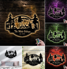Maxcorners Personalized Deer Metal Sign WITH LED/WITHOUT LED - Rustic Wildlife Scene Cabin Name Sign, Family Lodge Outdoor Wall Art LM0110