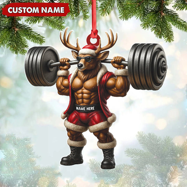 Maxcorners Personalized Acrylic Muscle Deer Christmas Ornament - Custom Weightlifting Holiday Decoration LM0110