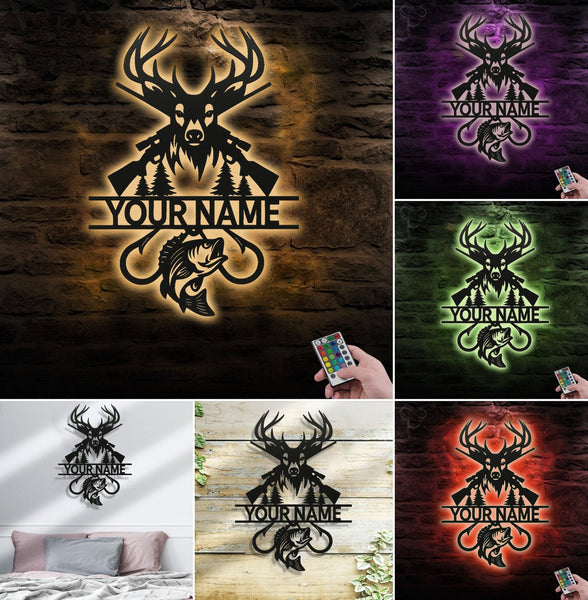 Maxcorners Personalized Deer Hunting and Fishing Metal Sign WITH LED/WITHOUT LED – Rustic Cabin Wall Decor, Gift for Hunters and Anglers LM0110